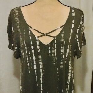 Green and White long tee shirt with x neck line detail